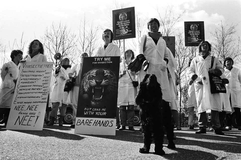 Protest tegen vivisectie bij Bayer in Mijdrecht in kader Wereldproefdierendag, Bestanddeelnr 933-3048