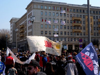 Protest banner at the Karl-Marx-Allee during Mietenwahnsinn demonstration 06-04-2019 08