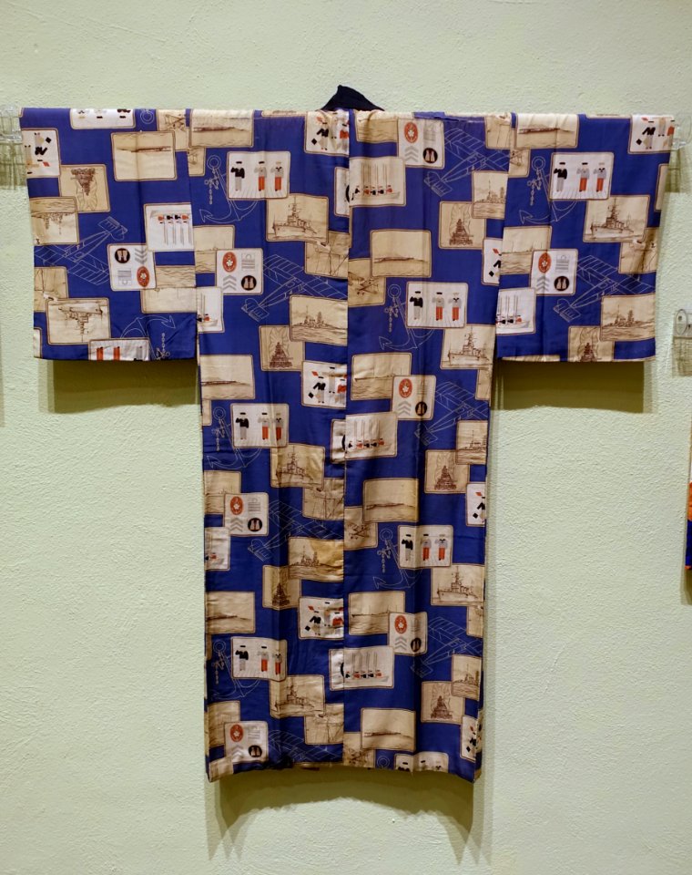 Propaganda kimono with framed Navy motifs on blue background, Japan, Showa period, c. 1930-1945, silk - Jordan Schnitzer Museum of Art, University of Oregon - Eugene, Oregon - DSC09374