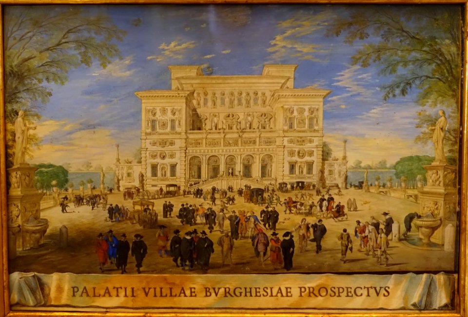 Prospect of the Villa Borghese, by Johann Wilhelm Baur, dated 1636, aquarelle on parchment - Galleria Borghese - Rome, Italy - DSC04712