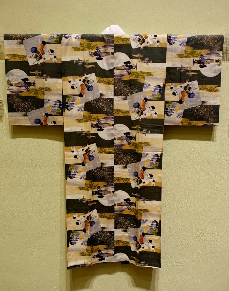 Propaganda kimono with airplanes, children, and puppies, Japan, Showa period, c. 1930-1945, silk - Jordan Schnitzer Museum of Art, University of Oregon - Eugene, Oregon - DSC09376