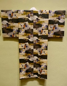 Propaganda kimono with airplanes, children, and puppies, Japan, Showa period, c. 1930-1945, silk - Jordan Schnitzer Museum of Art, University of Oregon - Eugene, Oregon - DSC09376
