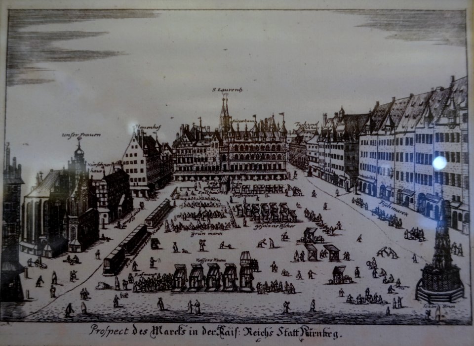 Prospect of the markets in Kais. Reichs-Statt Nuremberg, by Johann Alexander Boener, undated, etching - Stadtmuseum Fembohaus - Nuremberg, Germany - DSC02194