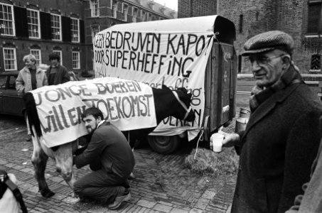Protest melkveehouders op Binnenhof tegen superheffing koe wordt gemolken en mel, Bestanddeelnr 933-1767