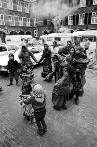 Protest van zigeuners met hun caravans op het Binnenhof Den Haag tegen het polit, Bestanddeelnr 931-2133