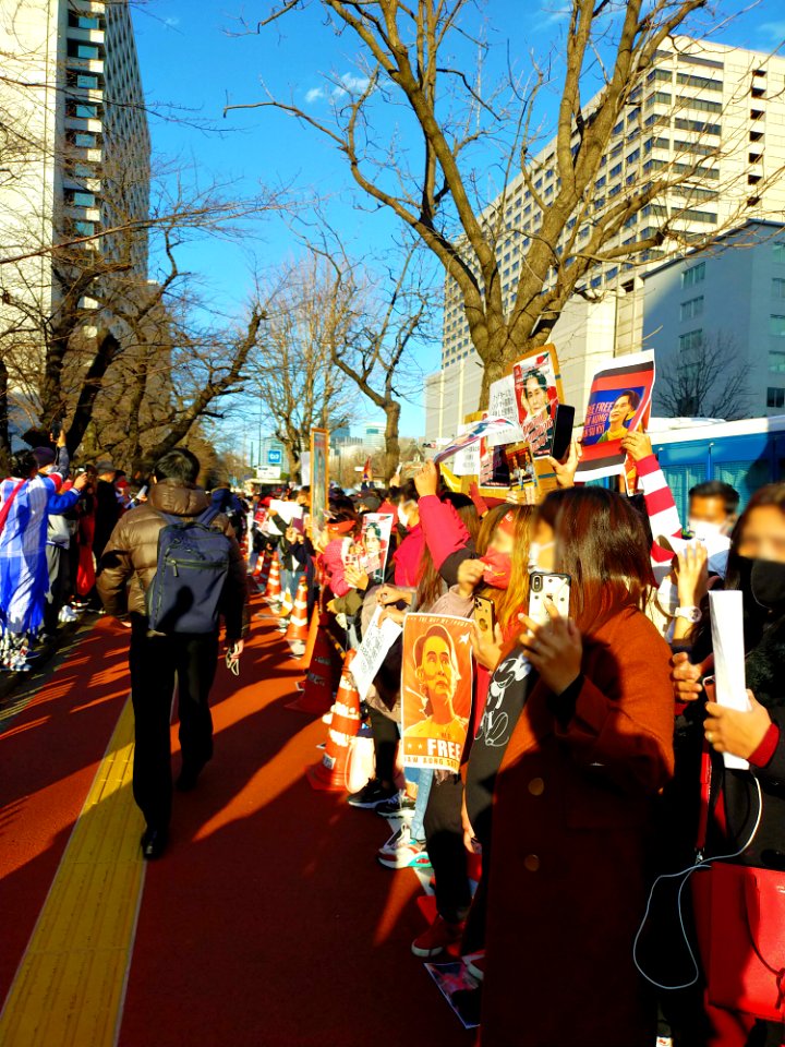 Protesters demanding Aung San Suu Kyi's release at Kasumigaseki, Tokyo after the February 2021 Myanmar coup