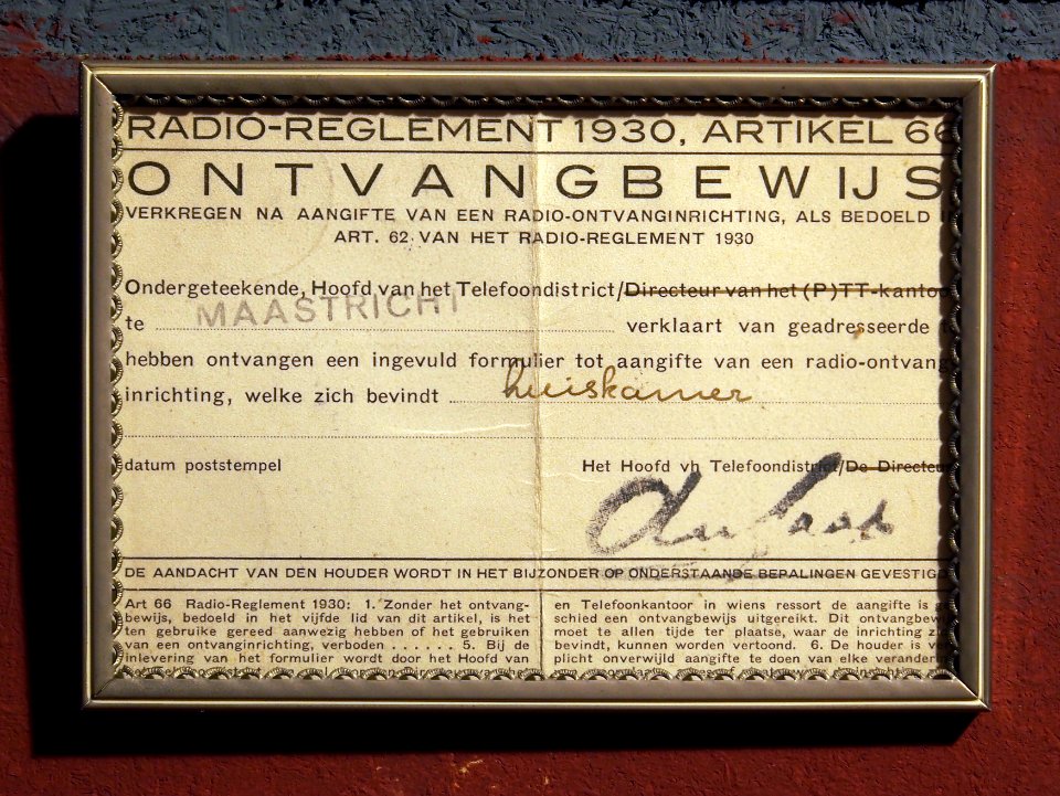 Radio-reglement 1930, Artikel 66 Ontvangstbewijs