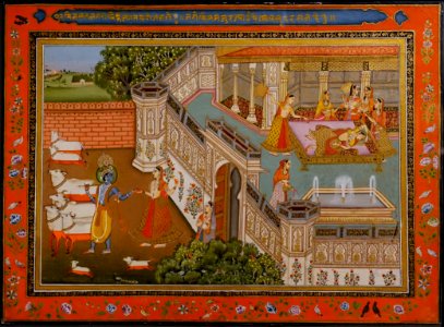 Radha and Krishna set, 4 of 7, by Govinda Chatera Chota for the Satasai of Bihari Lal, India, Samod, Rajasthan, mid 1800s, mineral and plant colors on paper - Linden-Museum - Stuttgart, Germany - DSC03749