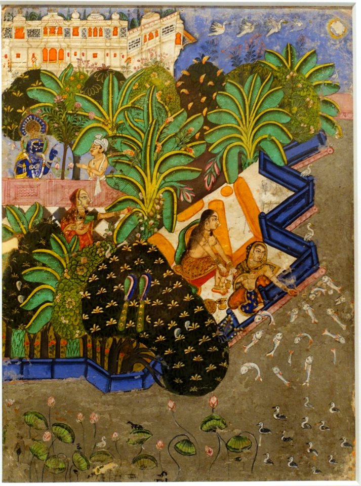 Radha feeds the fishes, Rajasthan, Kotah style, c. 1800 AD, watercolor and gold on paper - Ethnological Museum, Berlin - DSC01507