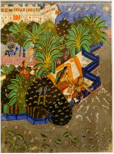 Radha feeds the fishes, Rajasthan, Kotah style, c. 1800 AD, watercolor and gold on paper - Ethnological Museum, Berlin - DSC01507