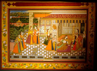 Radha and Krishna set, 6 of 7, by Govinda Chatera Chota for the Satasai of Bihari Lal, India, Samod, Rajasthan, mid 1800s, mineral and plant colors on paper - Linden-Museum - Stuttgart, Germany - DSC03752