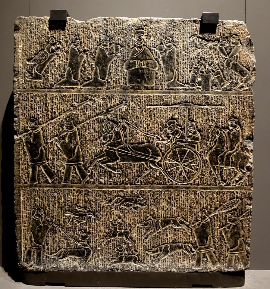 Queen Mother of the West, chariot, & hunting, excavatedfrom Jinyangshan, Shandong, China, Eastern Han dynasty, 1st-2nd century AD, stone - Tokyo National Museum - Tokyo, Japan - DSC08344
