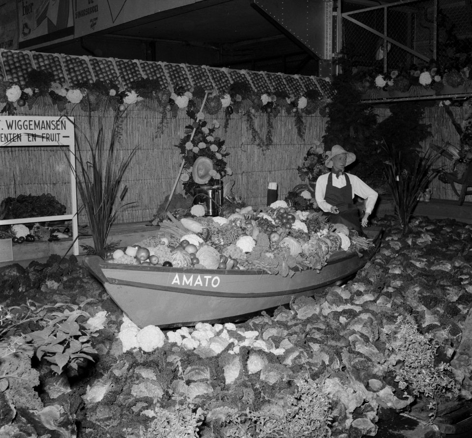 Punter volgeladen met groente en fruit in een zee van koolsoorten, Bestanddeelnr 905-3227