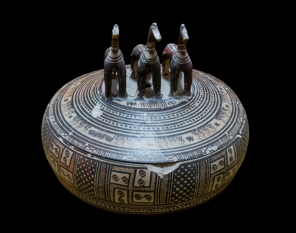 Pyxis lid with horses ancient agora museum Athens