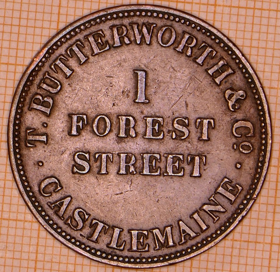 R63 Australian Penny Token, T. Butterworth & Co., 1 Forest Street, Castlemaine - obverse