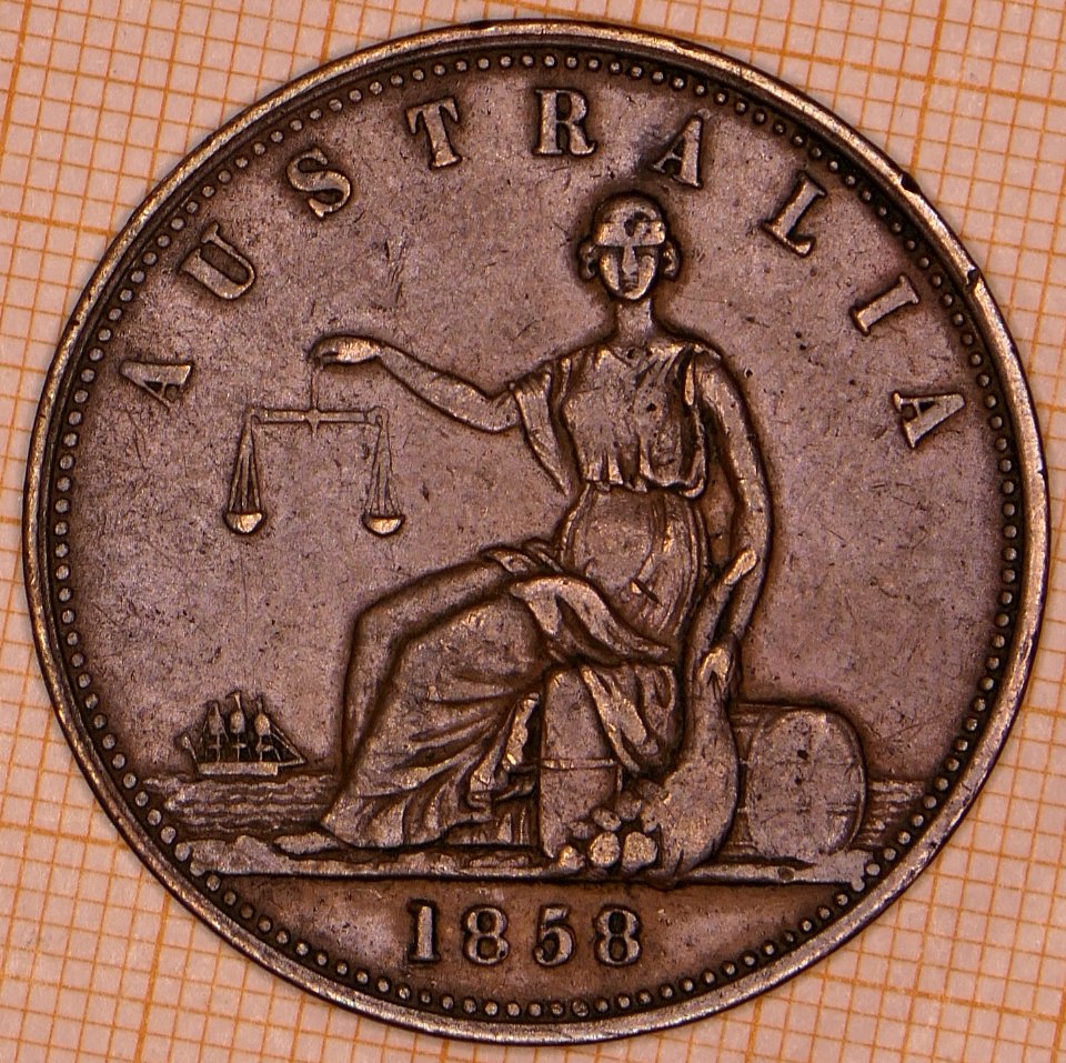 R380 Australian Penny Token, 1858, Willam Morgan, Hindley Street, Adelaide - reverse