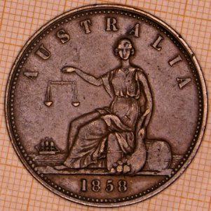 R380 Australian Penny Token, 1858, Willam Morgan, Hindley Street, Adelaide - reverse