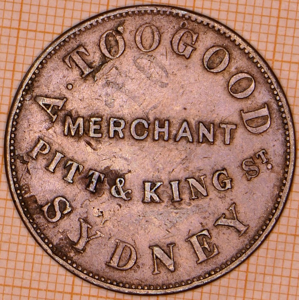 R557 Australian Penny Token, 1855, A. Toogood, Pitt & King Street, Sydney - obverse