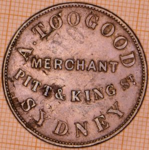 R557 Australian Penny Token, 1855, A. Toogood, Pitt & King Street, Sydney - obverse