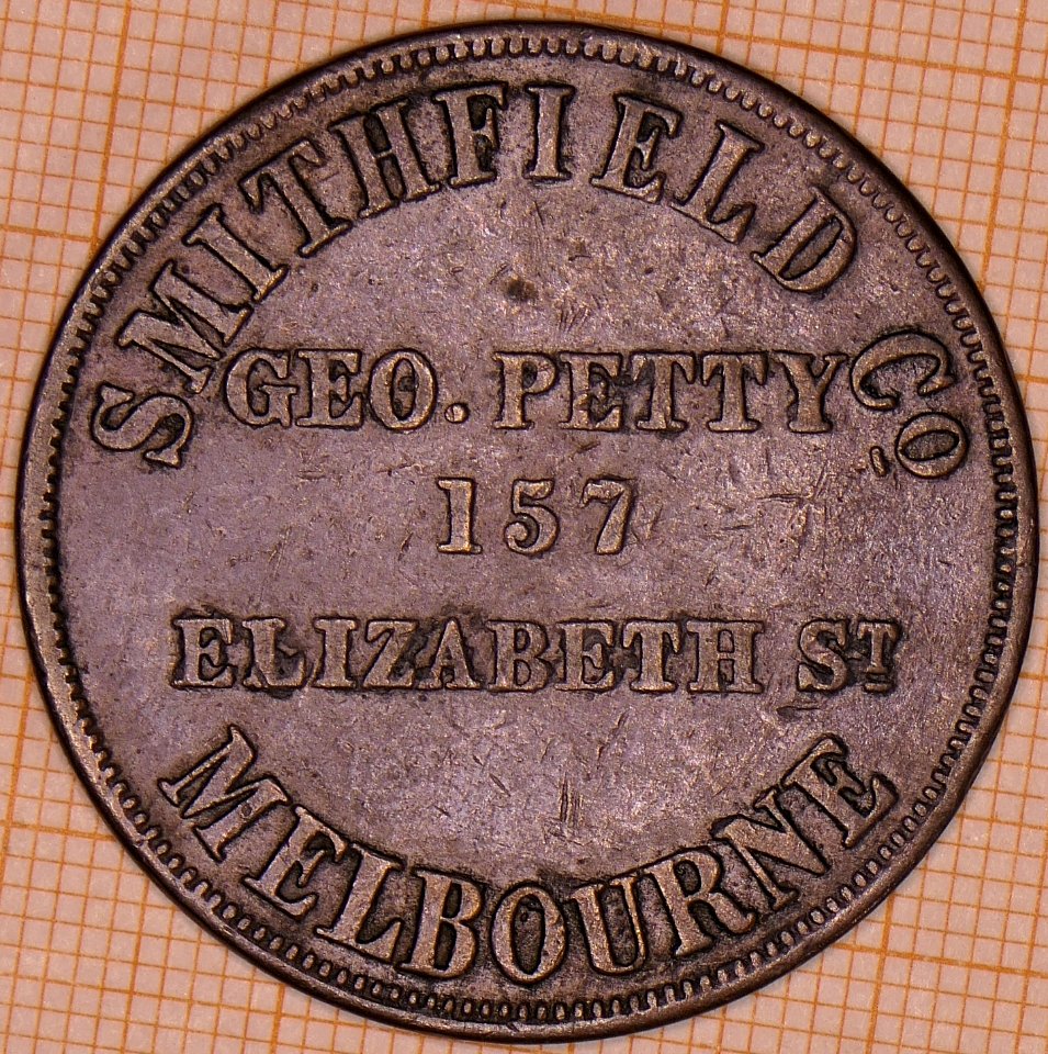 R431 Australian Penny Token, ND, Geo. Petty, 157 Elizabeth Street, Melbourne - obverse