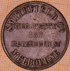 R431 Australian Penny Token, ND, Geo. Petty, 157 Elizabeth Street, Melbourne - obverse