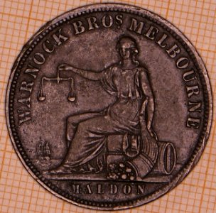 R577 Australian Penny Token, 1863, Warnock Bros., Melbourne and Maldon - obverse