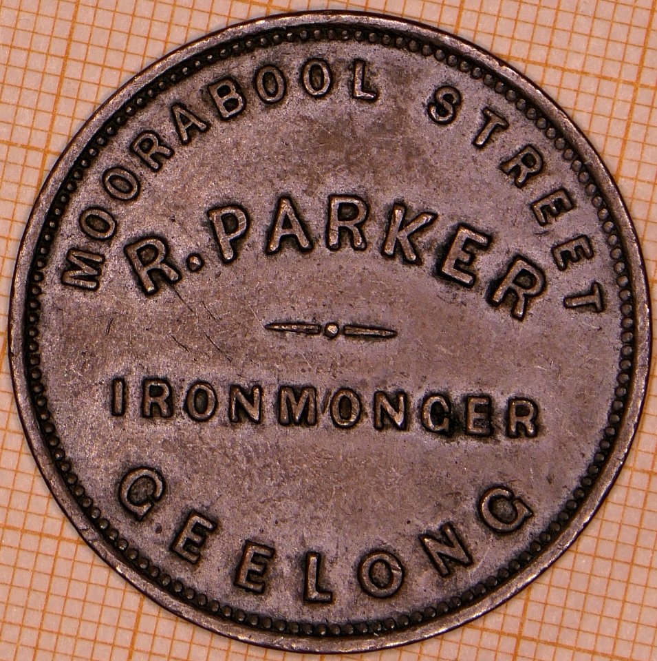 R404 Australian Penny Token, ND, R. Parker, Ironmanger, Moorabool Street, Geelong - obverse
