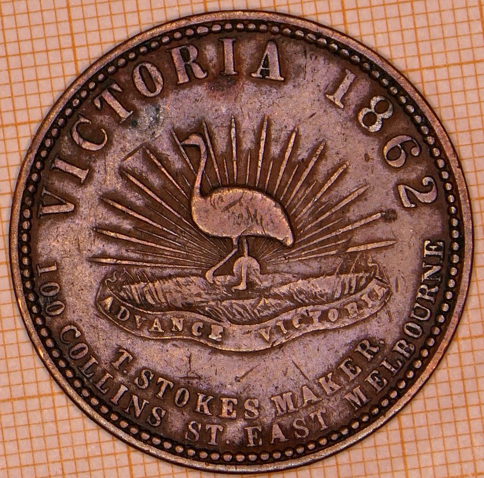 R515 Australian Penny Token, 1862, T. Stokes,100 Collins St. East, Melbourne - obverse