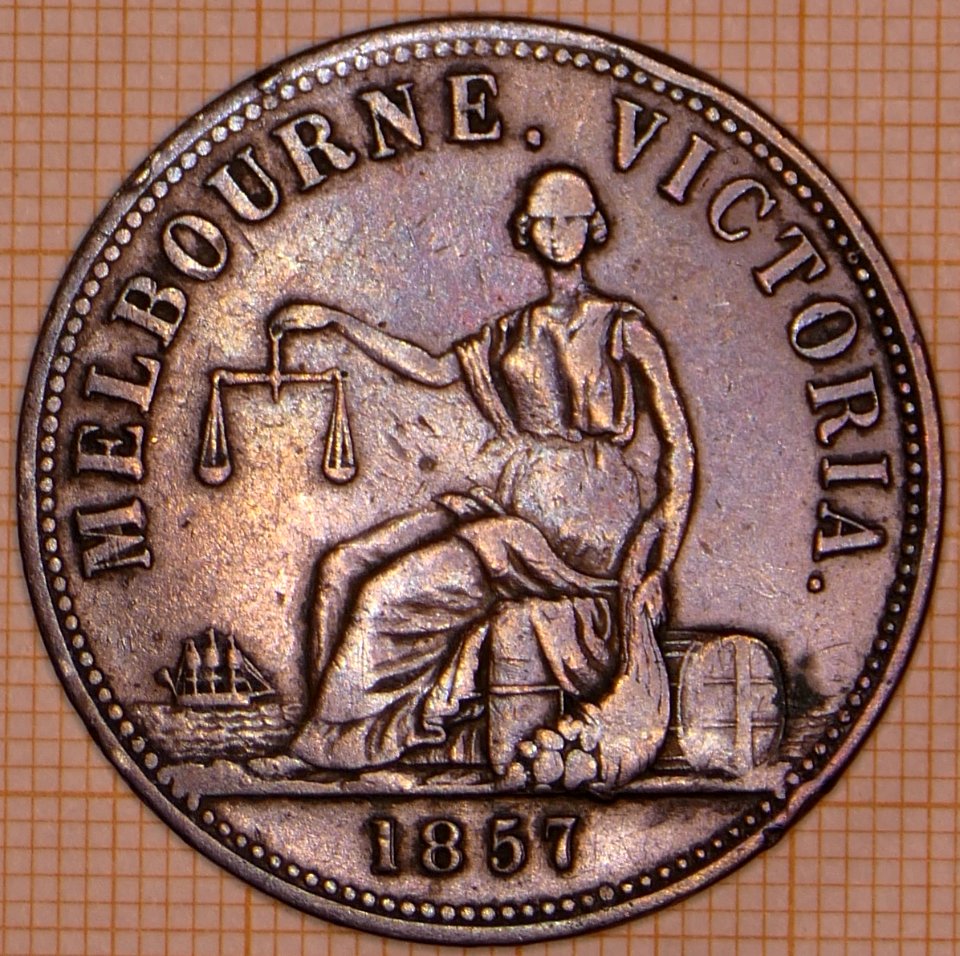 R223 Australian Penny Token, 1857, Hide & De Carle, Elizabeth Street, Melbourne - reverse