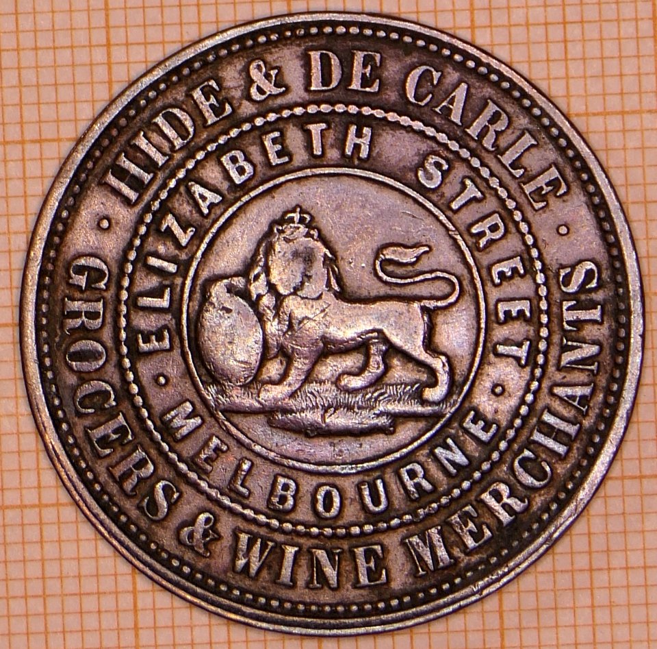 R223 Australian Penny Token, 1857, Hide & De Carle, Elizabeth Street, Melbourne - obverse