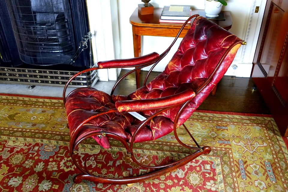 Rocking chair, bought at the Great Exhibition in 1851, iron and crimson morocco leather - Lord Harewood's Sitting Room - Harewood House - West Yorkshire, England - DSC01769
