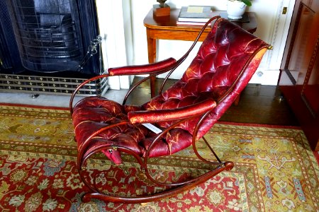Rocking chair, bought at the Great Exhibition in 1851, iron and crimson morocco leather - Lord Harewood's Sitting Room - Harewood House - West Yorkshire, England - DSC01769