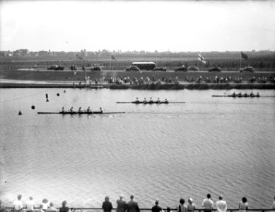 Roeiwedstrijden De Hoop 100 jarig bestaan. Finish. Jonge viert @, Bestanddeelnr 902-7947