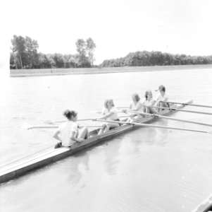 Roeien op de Bosbaan, kampioene van Nederland skif 1000 m Meike de Vlas (kop), Bestanddeelnr 916-6183
