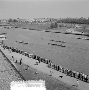 Roeiwedstrijden op de Bosbaan te Amsterdam. Finish Dames Jonge Acht 1. Willem II, Bestanddeelnr 905-8192
