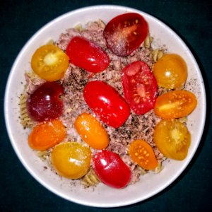 Rotini with tuna and cherry tomatoes, leek-infused olive oil, black pepper, and salt - Massachusetts
