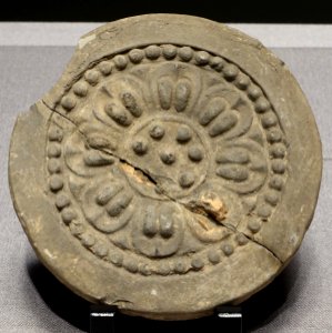 Round eave tile with lotus flower design, excavated at Zhaoling, Liquan country, Shaanxi province, China, Tang dynasty, 600s AD, ceramic - Tokyo National Museum - Tokyo, Japan - DSC08493