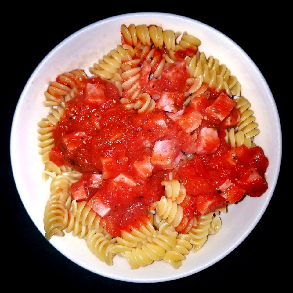 Rotini with tomato sauce, ham, basil, and black pepper - Arlington, MA