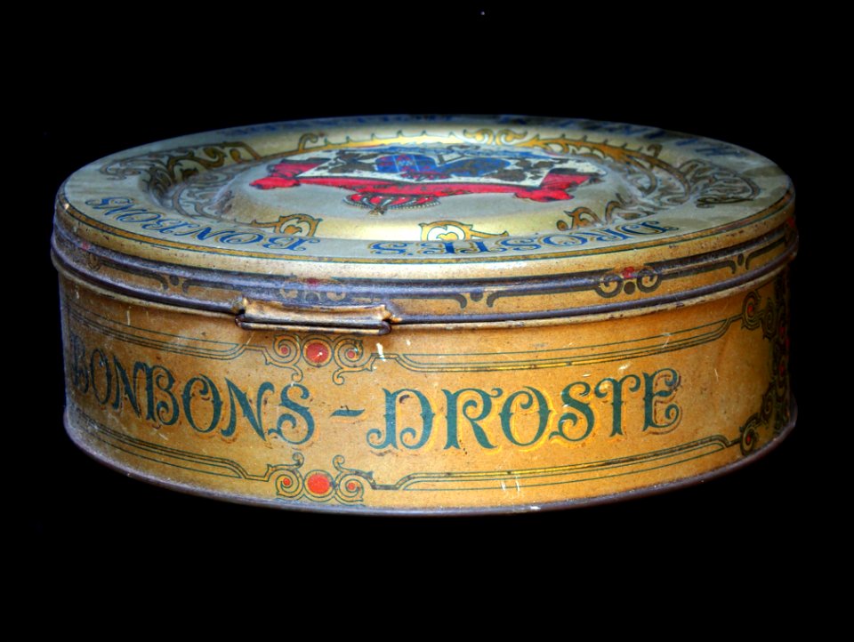 Rond Drostes Bonbons blik (goudkleurig) met wapenschild van Emma