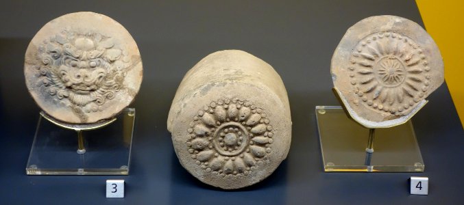 Roof tiles, China, 3 and 4, Luoyang or Xi'an, Tang dynasty, 618-907 AD; center, Gongxian, Northern Song dynasty, 1023-1064 AD, earthenware - Royal Ontario Museum - DSC03651