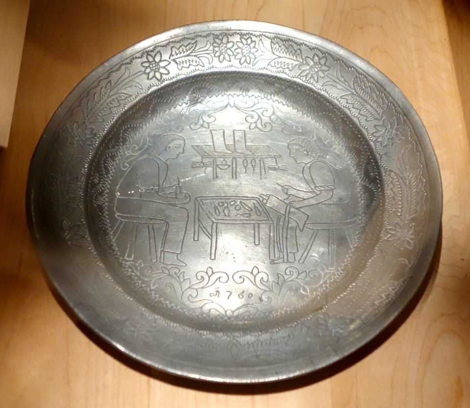 Romanian plate depicting shoemaker's workshop, 1760, pewter - Bata Shoe Museum - DSC00297