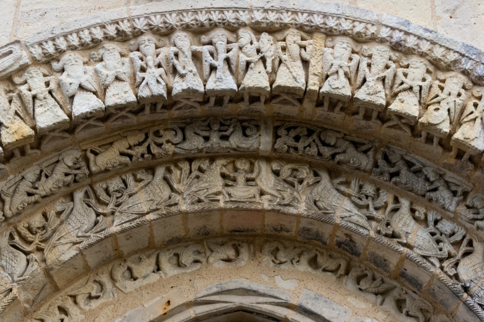 Romanesque portal close up church Notre-Dame Avy Charente Maritime
