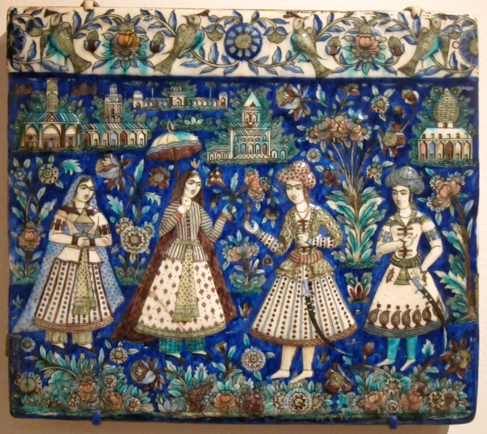 Romantic Encounter in a Garden, Iran, Isfahán, glazed ceramic, 19th century, San Diego Museum of Art