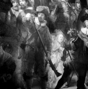 Restaurator HH Mertens van het Rijksmuseum bezig met de Nachtwacht van Rembran, Bestanddeelnr 254-2358