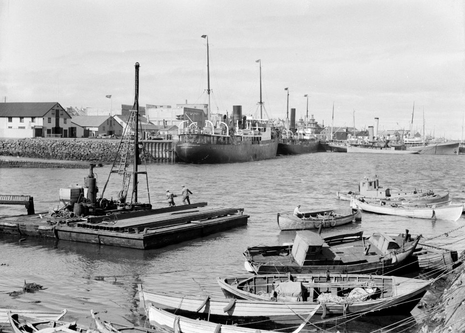 Reykjavik, havengezicht drijvende bok met rechts daarvan aan de kade het schip , Bestanddeelnr 190-0405