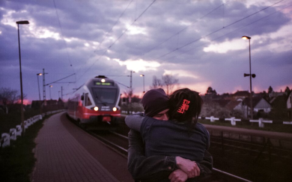 Train station couple in love people