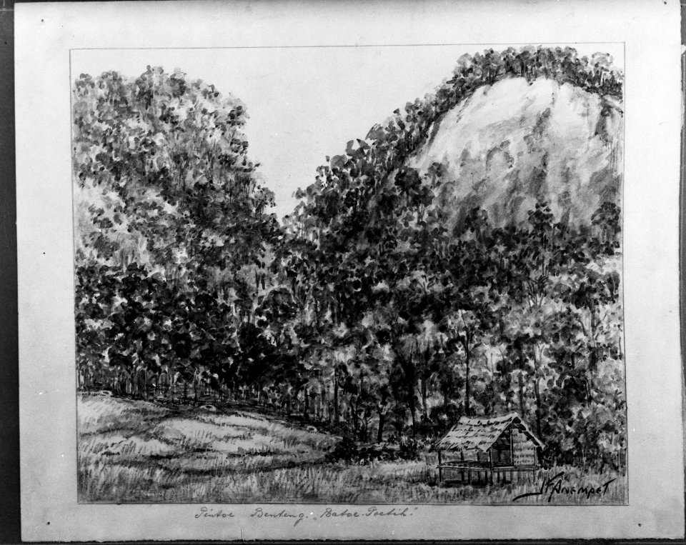Reproductie van een tekening van J.F. Anemaet, getiteld Pintoe Benteng, 'Batoe P, Bestanddeelnr 10012