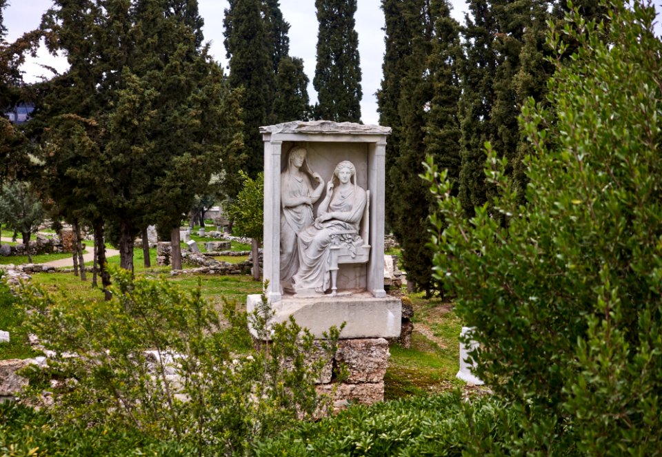 Replica of the grave stele of Demetria and Pamphile at Kerameikos Cemetery on 16 February 2019