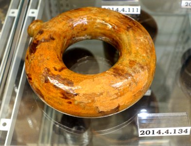 Ring bottle, American, probably Pennsylvania, c. 1840, lead-glazed redware, item HD 2014.4.134 - Flynt Center of Early New England Life - Deerfield, Massachusetts - DSC04158