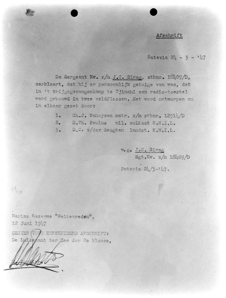 Repro document. Verklaring van J.C. Sirag betreffende geheime radio's in krijgsg, Bestanddeelnr 8817